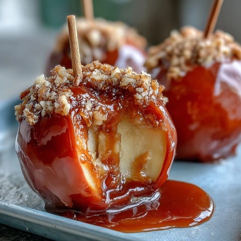 2. Glossy red candy shell encases crisp apple chunks, served on skewers for easy, mess-free treats.  