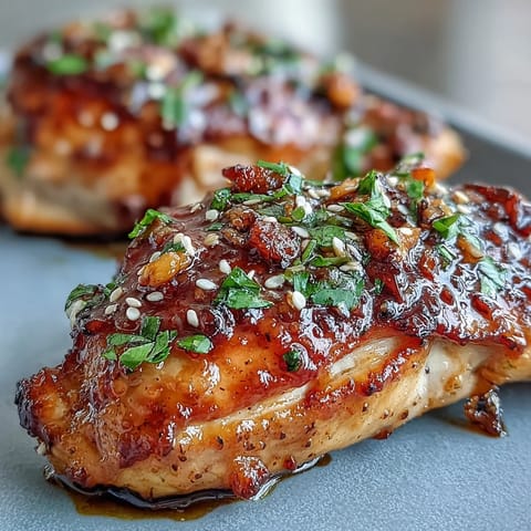 1. Golden honey garlic baked chicken thighs with crispy skin, glazed in a sweet and savory sauce, perfect for a comforting family dinner.