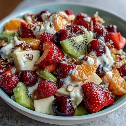 Rainbow fruit table with coconut whipped cream, featuring strawberries, kiwi, blueberries, and oranges arranged in vibrant rows.