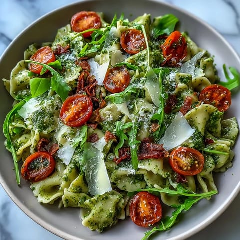 Vibrant pesto pasta salad featuring al dente fusilli, juicy cherry tomatoes, and basil pesto.  