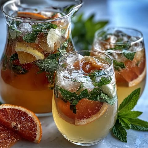 Vibrant non-alcoholic sangria featuring white grape juice, sliced oranges, lemons, and green grapes in a glass pitcher.