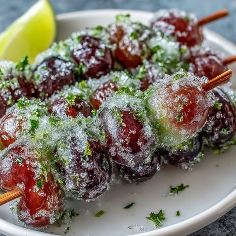 Frozen Grape Skewers with Lime Sugar, glistening and frosty, served on a rustic wooden board.