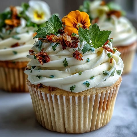 Vanilla cupcakes with edible flower decoration—light and fluffy, topped with smooth buttercream and colorful blossoms for a springtime dessert.