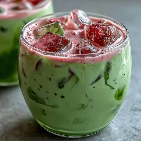 Strawberry Matcha Latte with Oat Milk in two clear glasses, vibrant pink strawberry puree topped with creamy oat milk and a green matcha layer, garnished with fresh strawberries on the side.
