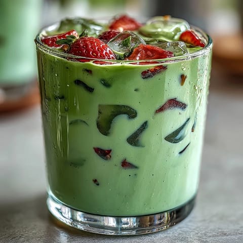 Two tall glasses filled with Strawberry Matcha Latte with Oat Milk, showing distinct layers of red strawberry, white oat milk, and green matcha, served over ice for a refreshing summer drink.