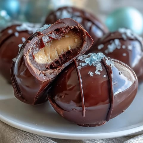 Decadent dark chocolate peanut butter Easter eggs with a sprinkle of flaky sea salt, perfect for festive spring gatherings.