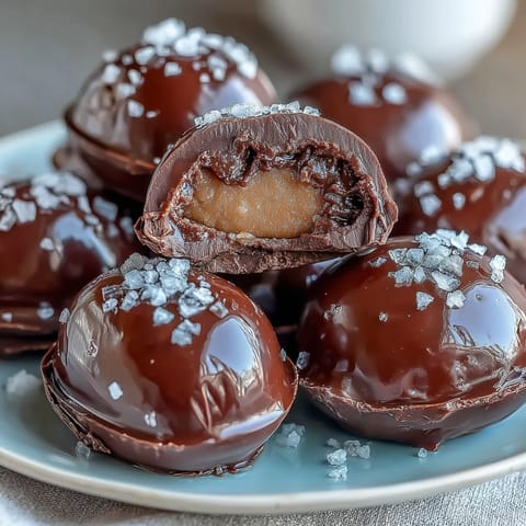 Homemade dark chocolate peanut butter Easter eggs, featuring creamy centers and a hint of sea salt for a gourmet touch.
