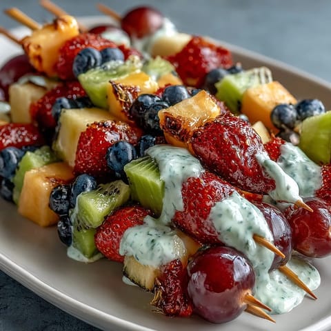 Rainbow Fruit Skewers with Honey Dip on a white platter, vibrant colors of strawberries, pineapple, kiwi, and grapes creating a cheerful, healthy snack for summer parties.