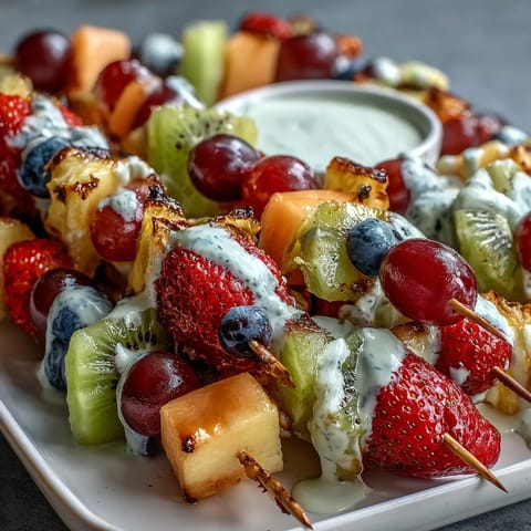 Brightly arranged Rainbow Fruit Skewers with Honey Dip, featuring juicy strawberries, sweet pineapple, and tangy kiwi, served with a creamy honey-yogurt dipping sauce.