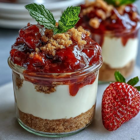 2. Easy individual no-bake strawberry cheesecake jars featuring smooth vanilla cheesecake, crisp biscuit crust, and homemade strawberry compote, perfect for spring gatherings.  