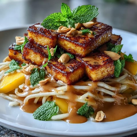 Refreshing Thai mango salad with golden tofu, bright colors, and zesty peanut dressing.