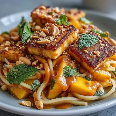 Vibrant Thai mango salad piled high with crispy tofu and creamy peanut sauce.