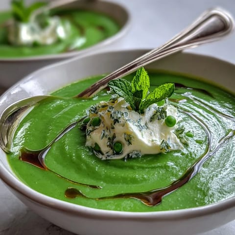 Vibrant Spring Pea Soup topped with creamy whipped ricotta and fresh mint oil.