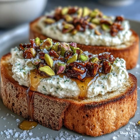 Whipped Ricotta Toast with Honey and Pistachios: creamy, airy topping on crisp bread.