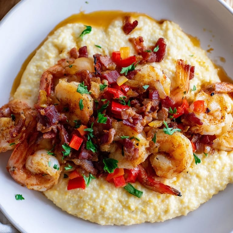 Golden, buttery shrimp and grits topped with crispy bacon, perfect for a flavorful brunch.