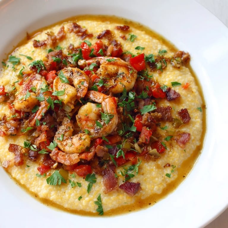 A steaming bowl of shrimp and grits: creamy grits contrasted by tender shrimp and vegetables.