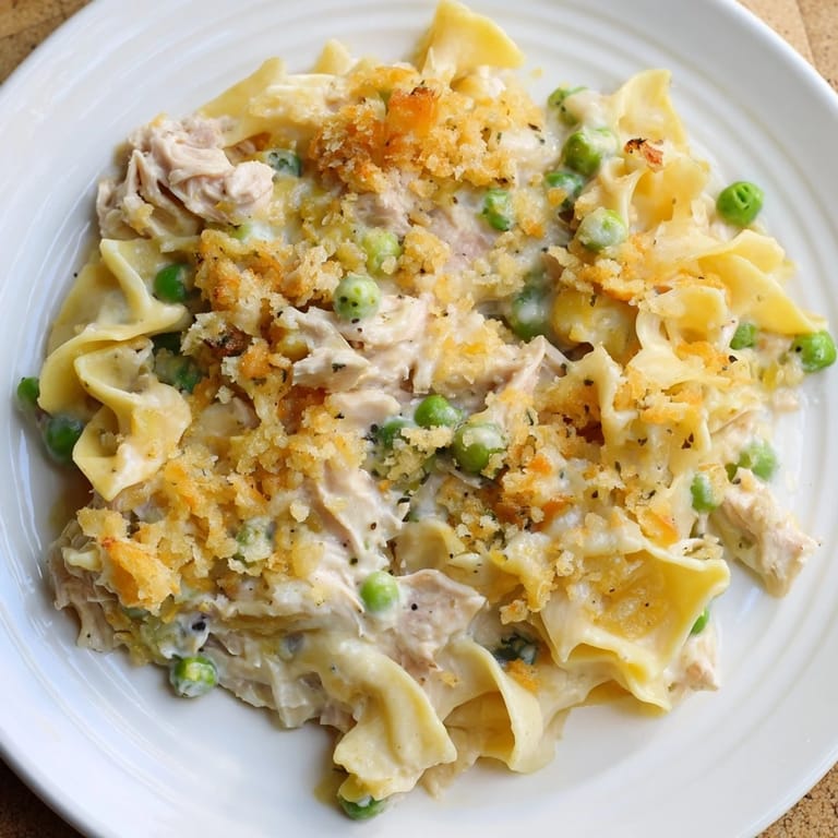 Creamy Tuna Casserole, baked and topped with crispy breadcrumbs, perfect for a cozy weeknight dinner.