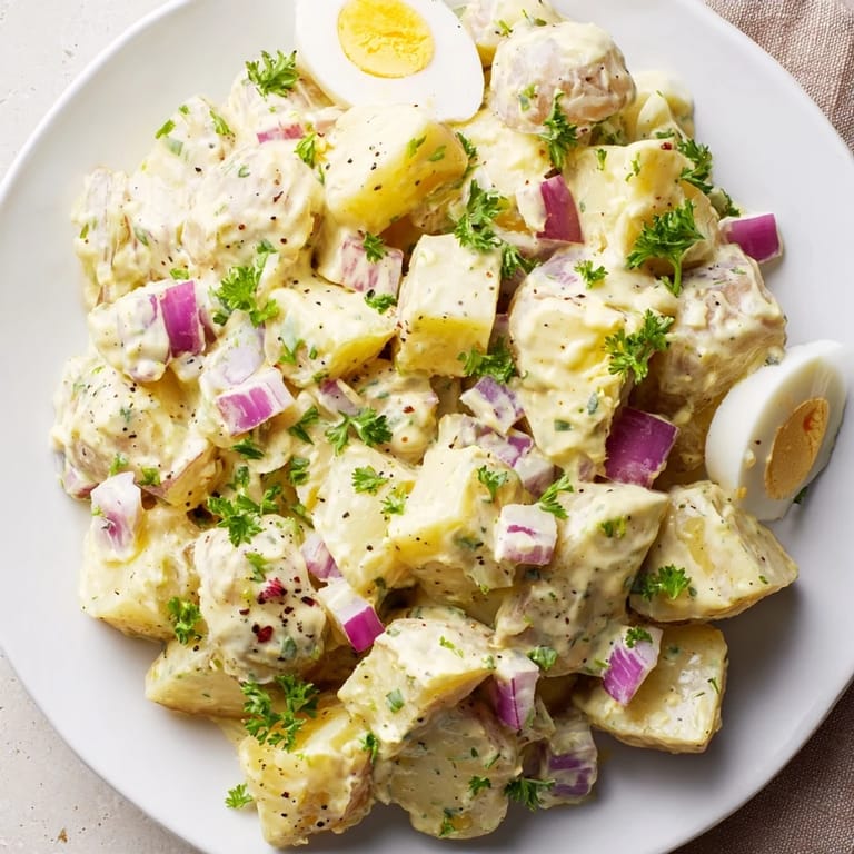 Tangy potato salad featuring tender potatoes, mixed with mayonnaise and fresh herbs, ready to enjoy.