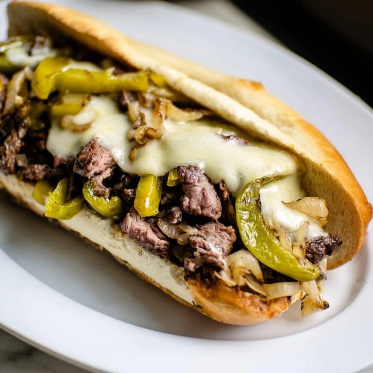 Close-up of a flavorful Philly cheesesteak on a toasted roll, perfect for a hearty dinner.