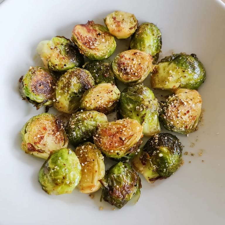 Crispy roasted Brussels sprouts, cooked until tender, seasoned with spices, and ready to serve on a plate.
