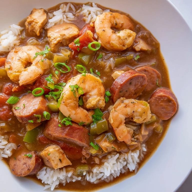 Close-up of hearty gumbo, brimming with seafood, in a deep, dark roux with vibrant garnishes.