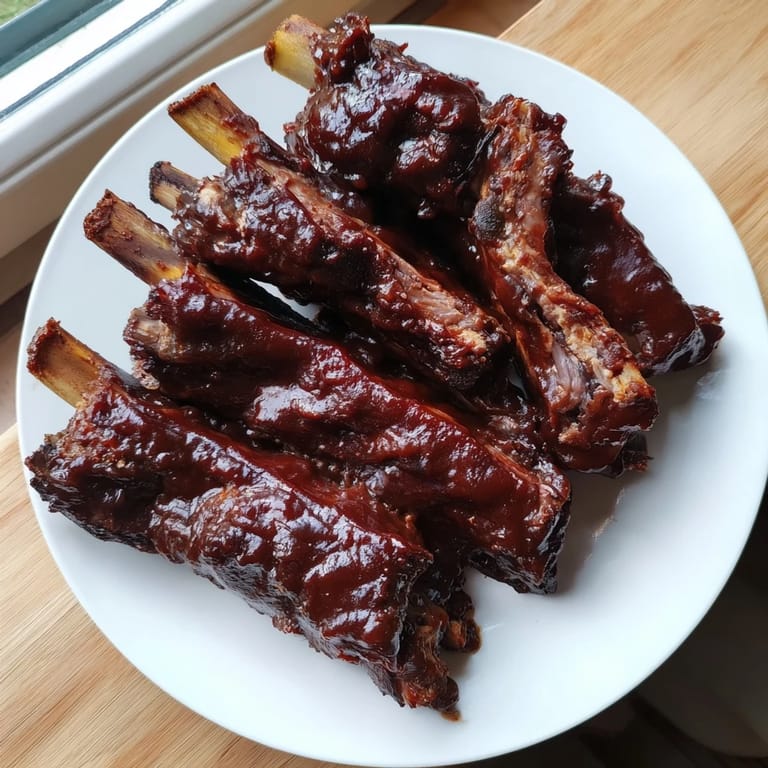 Close-up photo of juicy BBQ ribs, showing the fall-off-the-bone tenderness and rich sauce.