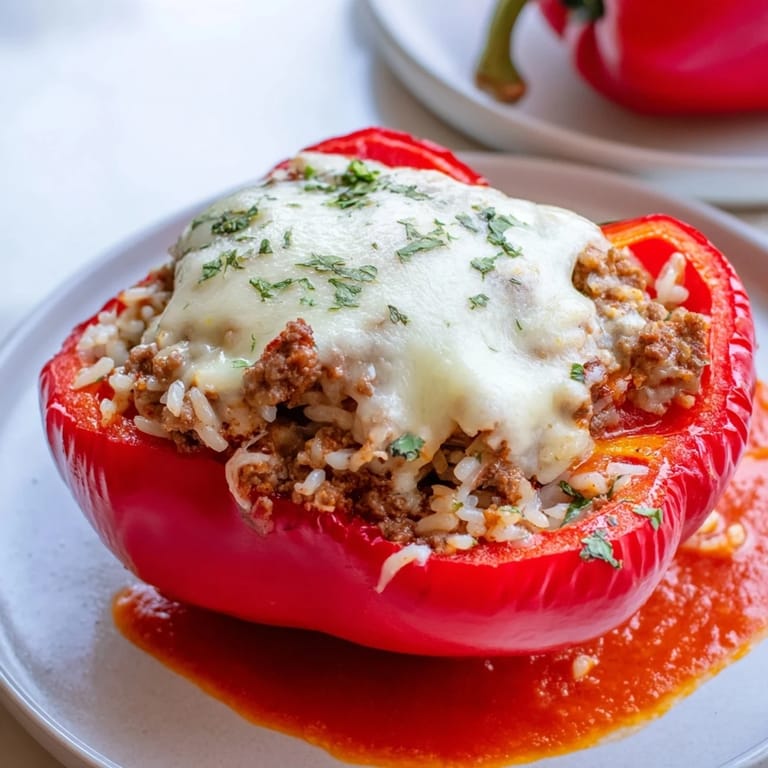 Melted cheese crowns these delicious stuffed bell peppers, served with a rich tomato sauce from scratch.