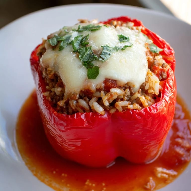 Close-up of vibrant, freshly baked stuffed bell peppers, ready to eat and bursting with flavor.