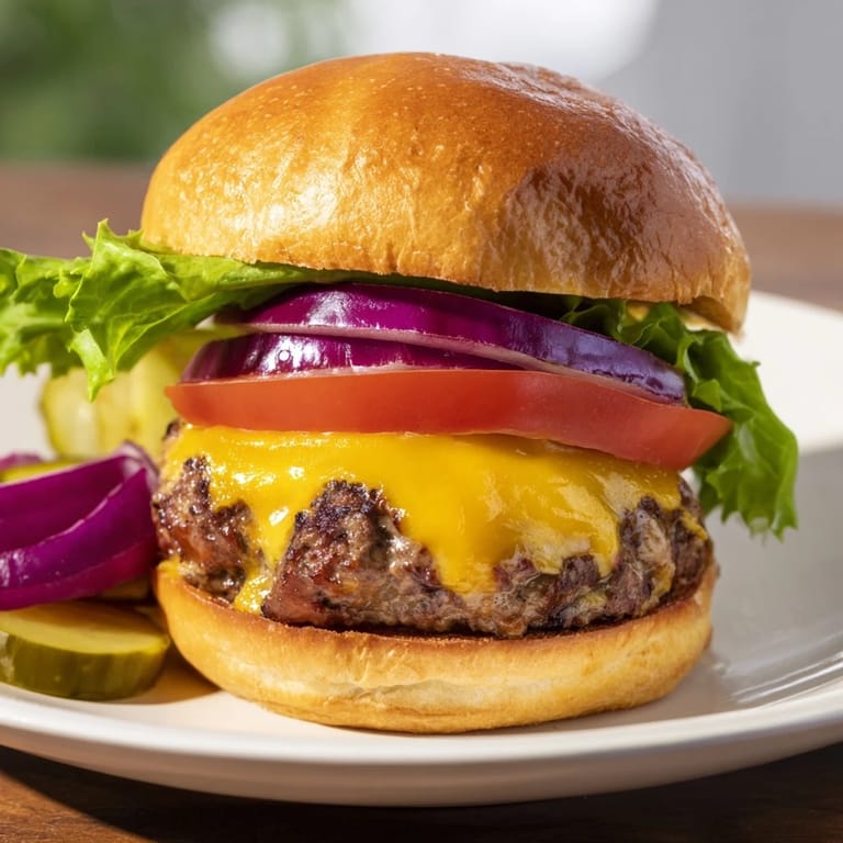 Golden hamburger buns cradling a perfectly cooked beef patty, ready to enjoy.