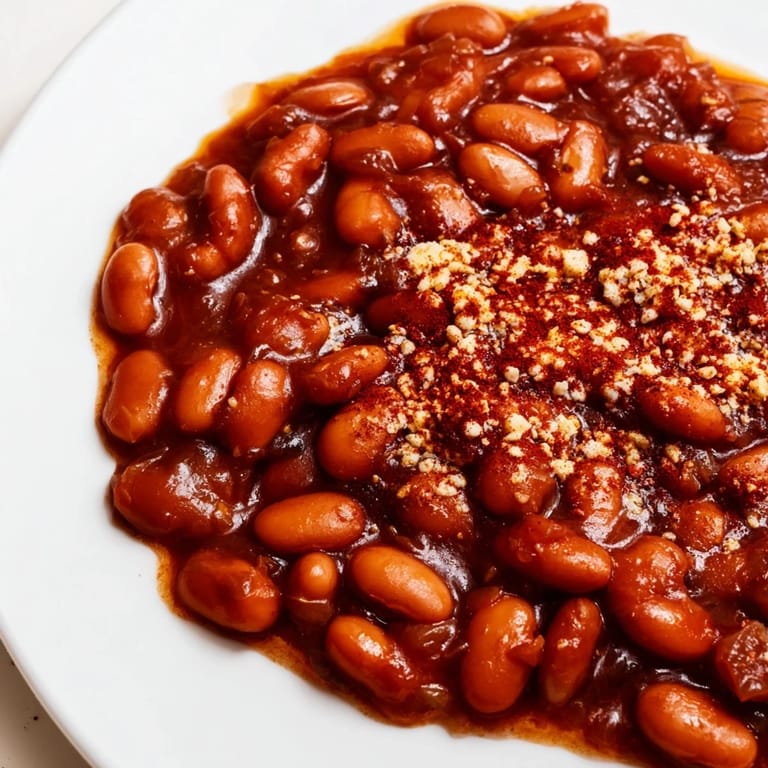 Hearty and flavorful, these baked beans are gently simmering in the oven, ready to serve soon.