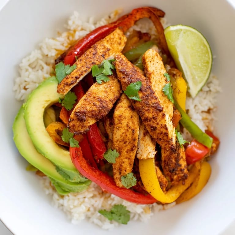 Sizzling Chicken Fajita Bowl: imagine flavorful chicken, vibrant veggies, and fluffy rice, ready to eat.
