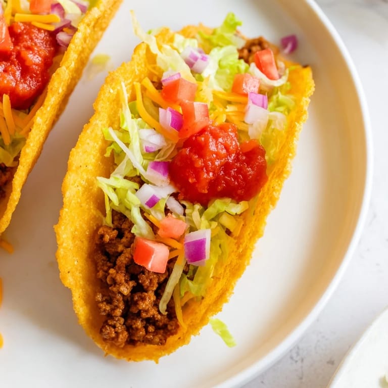 A visually appetizing close-up of fully loaded American-Style Tacos, perfect for a fun family meal tonight.