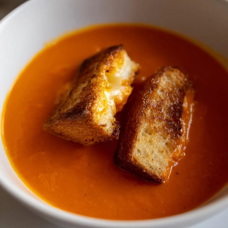 Close-up of a spoon dipping into rich roasted tomato soup with bite-sized grilled cheese croutons, showcasing melted cheese and herbs.