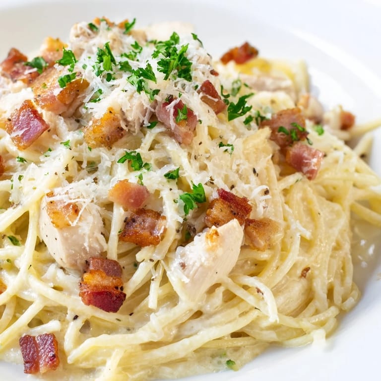Plated Chicken Carbonara twirled on a fork, highlighting a rich Parmesan egg sauce.