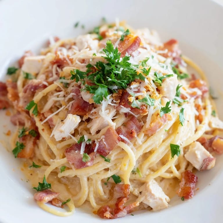 Steaming skillet of Chicken Carbonara served with extra grated Parmesan and black pepper.