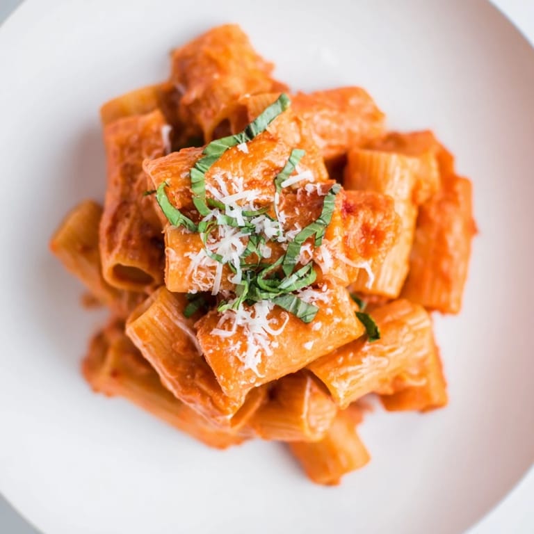 Close-up view of Spicy Rigatoni Pasta revealing thick tubes of pasta drenched in a velvety, mildly spicy tomato cream sauce, ready to serve.
