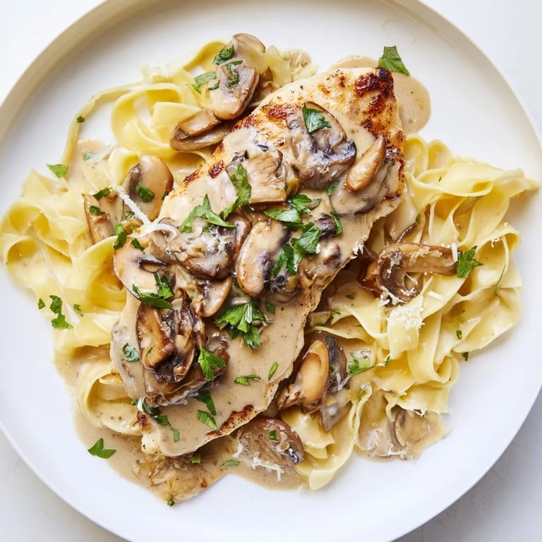 Steaming plate of Chicken Marsala featuring golden-brown chicken, creamy mushroom wine sauce, and al dente fettuccine ready to serve.