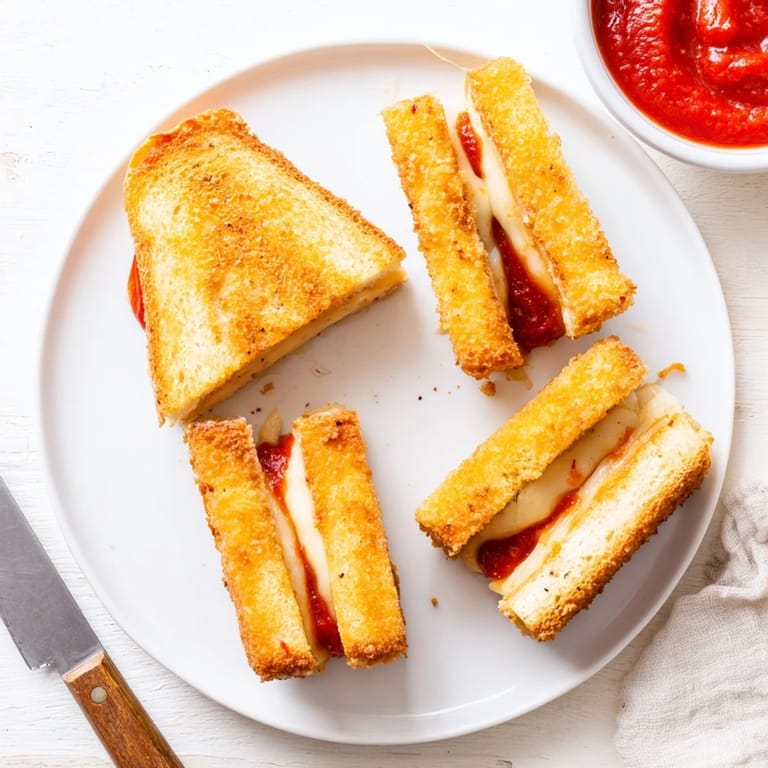 A close-up of the decadent sandwich served warm with a small bowl of marinara.