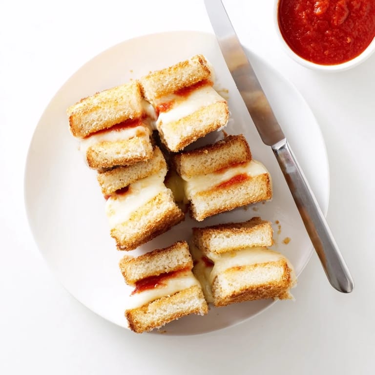 Freshly grilled Mozzarella Stick Grilled Cheese revealing layers of melty mozzarella and crunchy bread.