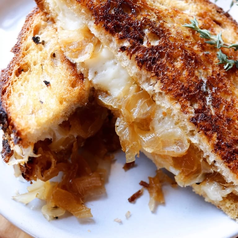 A close-up of the gourmet Caramelized Onion & Gruyère Grilled Cheese, oozing with nutty, melted cheese.  