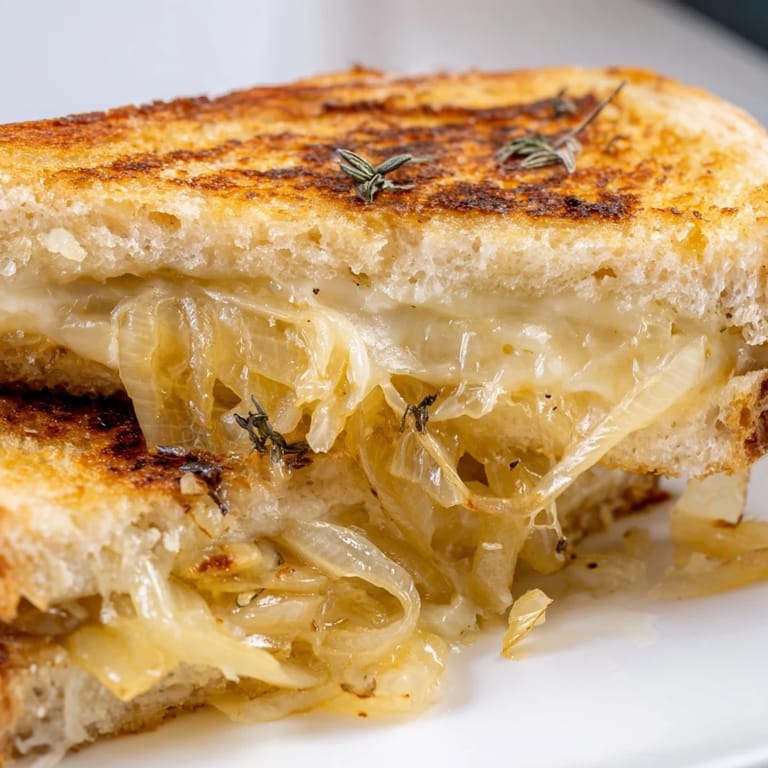 Serving suggestion for Caramelized Onion & Gruyère Grilled Cheese paired with a fresh green salad.