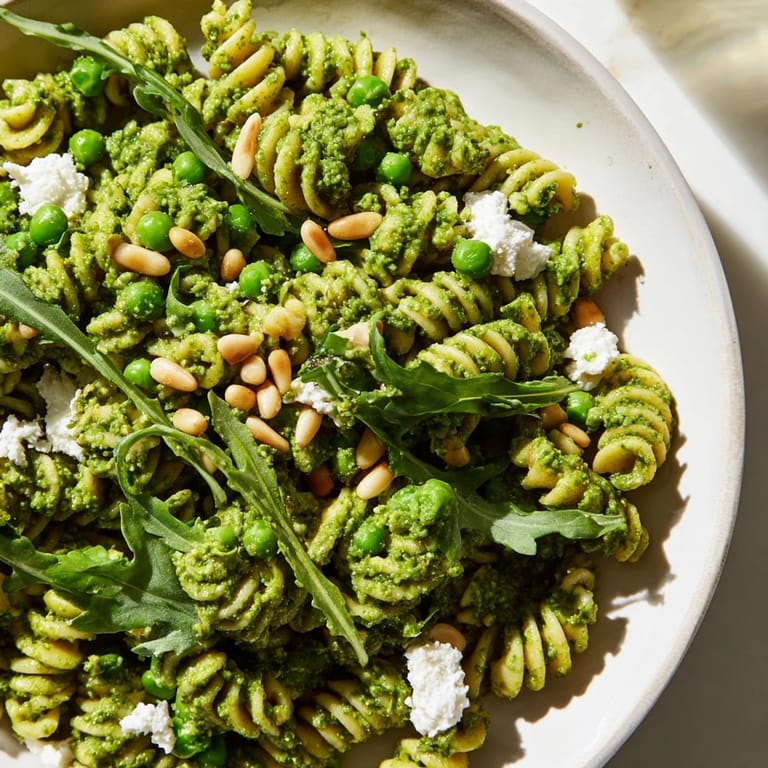 Fresh Spring Green Pesto Pasta Salad with toasted pine nuts and bright lemon zest, ready for a spring picnic.