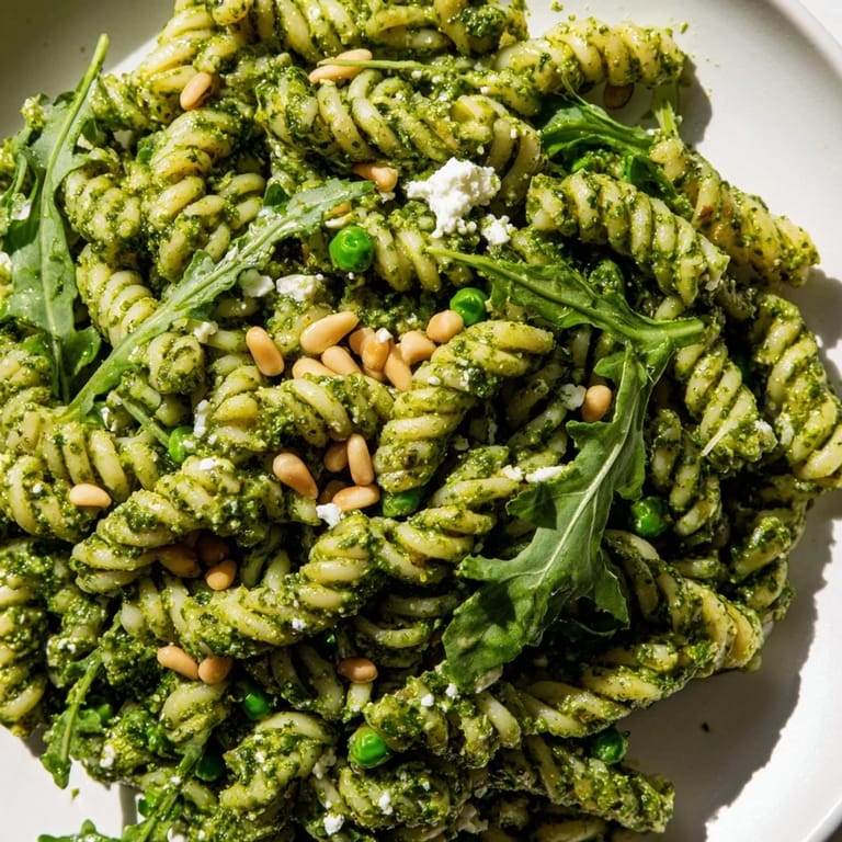 Close-up of Spring Green Pesto Pasta Salad showing glossy noodles, tender peas, and peppery arugula on a rustic plate.