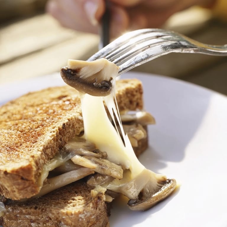 A close-up of a toasted rye sandwich oozing with Swiss cheese and savory mushrooms, perfect for pairing with tomato soup.  
