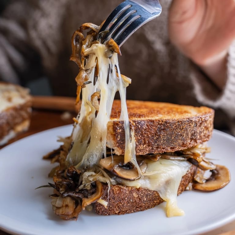 Buttery golden slices of Mushroom Swiss Grilled Cheese reveal layers of melted cheese and tender, sautéed mushrooms on rye.