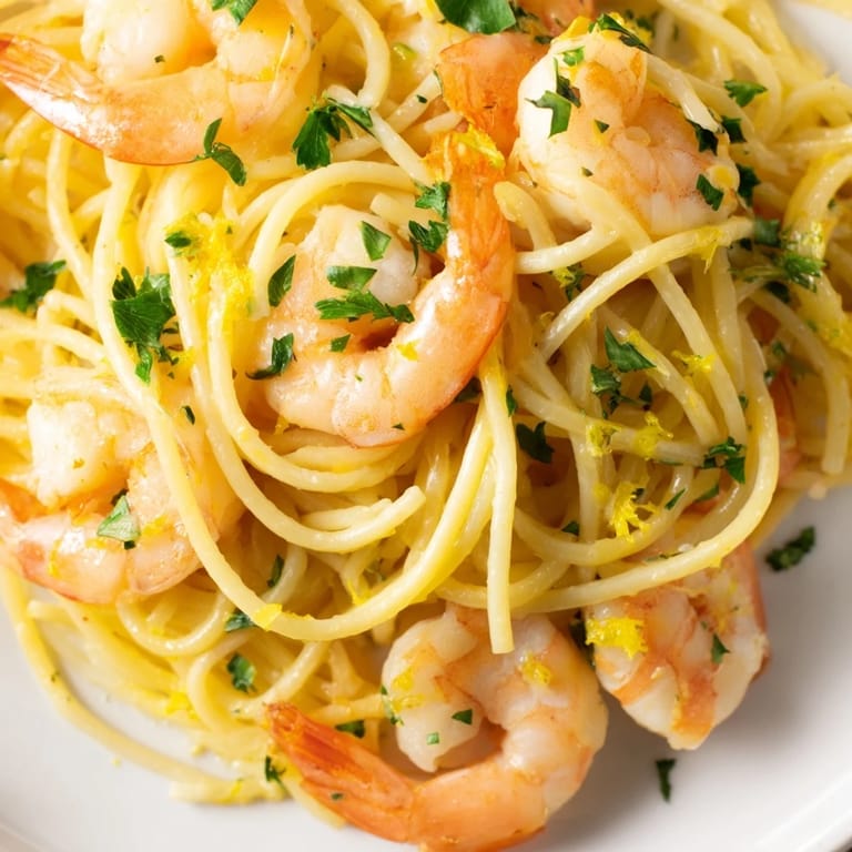 Lemon Butter Shrimp Pasta Lite served over angel hair pasta with a light garlic butter sauce.