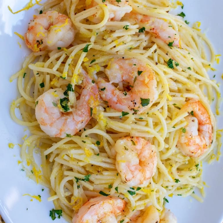 Freshly cooked Lemon Butter Shrimp Pasta Lite garnished with parsley and lemon wedges on a rustic plate.