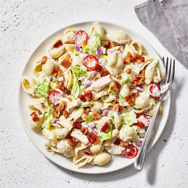 Serving suggestion for BLT Chicken Pasta Salad with halved cherry tomatoes and crumbled bacon, perfect for a summer picnic.