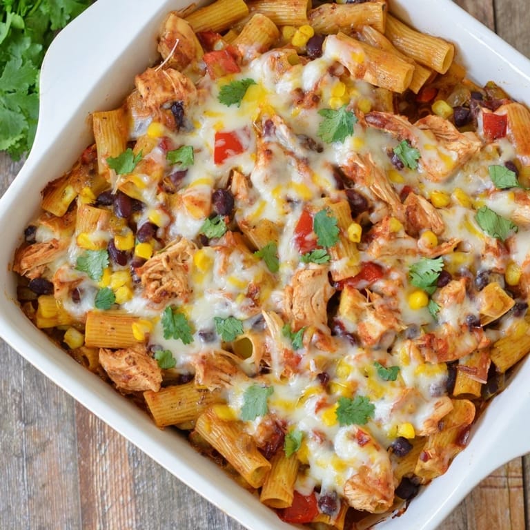 Steam rises from a bubbly Chicken Burrito Pasta Bake with chicken, black beans, and corn.