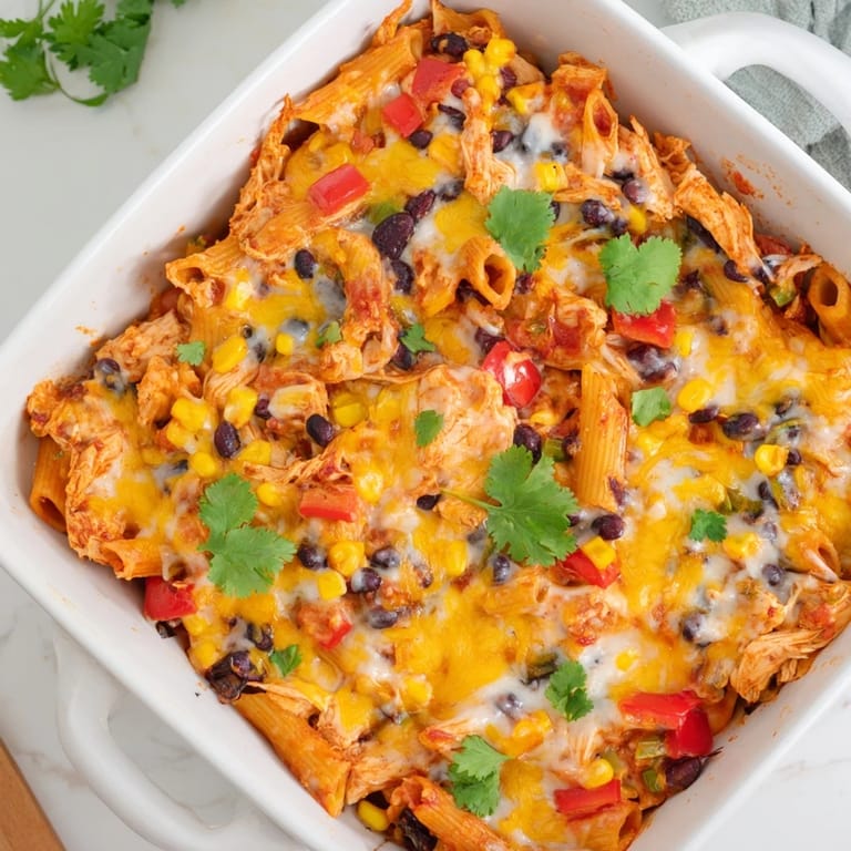 Fresh cilantro and jalapeños garnish a serving of homemade Chicken Burrito Pasta Bake.